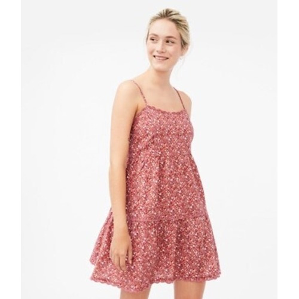 Aeropostale Babydoll Dress S Pink Floral Scalloped Trim Cottagecore Boho - Picture 14 of 16